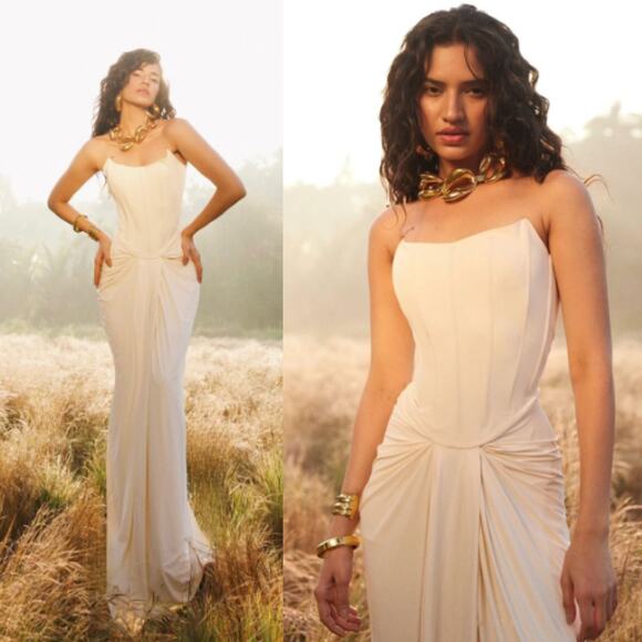 Deme by Gabriella | Pearl Gown in Off White Malai Lycra Strapless Corset Maxi XL - Picture 1 of 16